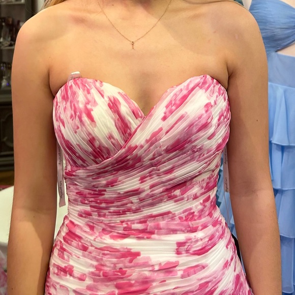 Chic Strapless Pink Floral Ruffle Prom Dress - Picture 2 of 7